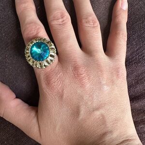 Vintage Whiting and Davis Blue Crystal Gold toned adjustable ring